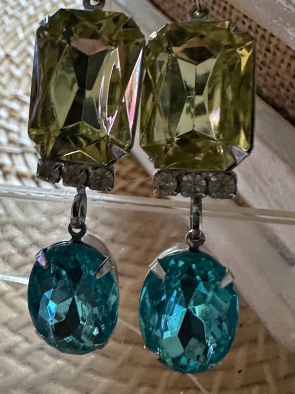 Yellow and Teal Crystal Drop Earrings -Costume jewelry - Picture 6 of 10